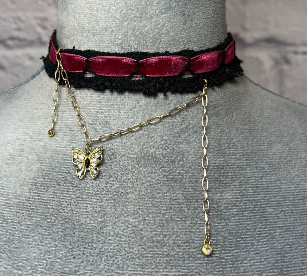 Handmade Victorian Whimsigoth Lace and Velvet Choker with Offset Butterfly